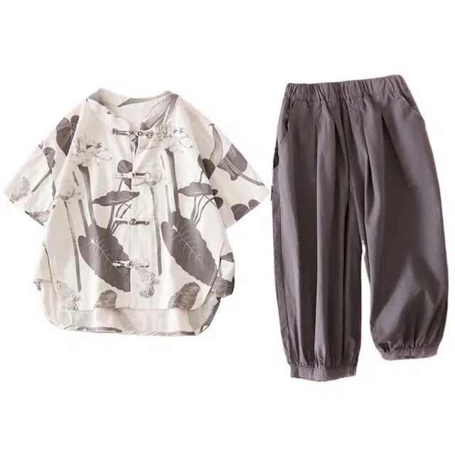 十月妈咪 立领国风盘扣植物印花舒适短袖休闲运动套装 中童