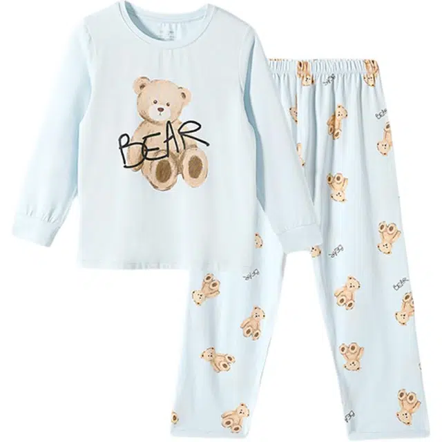 久岁伴 卡通圆领上衣柔软舒适裤子家居服 粉蓝青少年