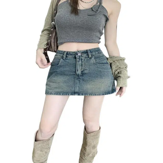 怪力萝莉 户外百搭纯色中腰薄款牛仔短裙 女款 复古怀旧
