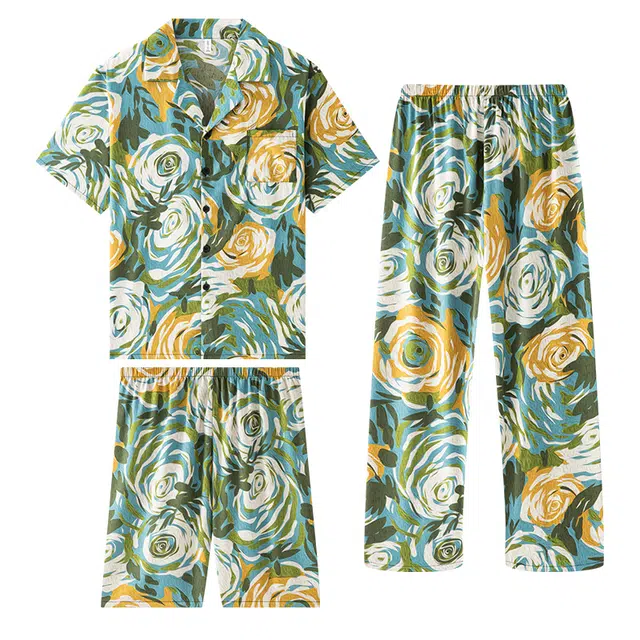 兰缪 薄款冰丝短袖长裤家居服夏季睡衣套装 男款