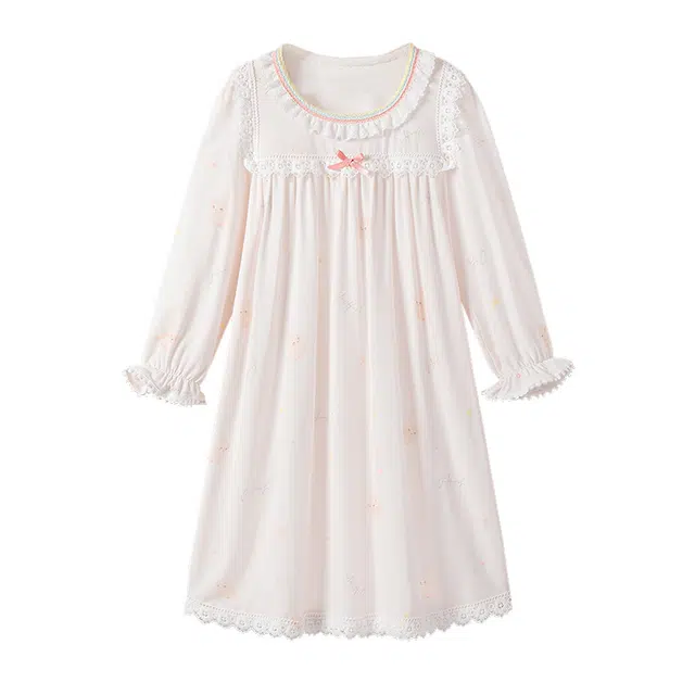 英氏 简约蕾丝套头基础休闲长袖睡裙 儿童款 粉色