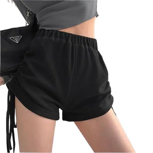 怪力萝莉 设计感抽绳褶皱阔腿春夏季薄款显瘦高腰甜辣休闲热裤女潮运动短裤 女款