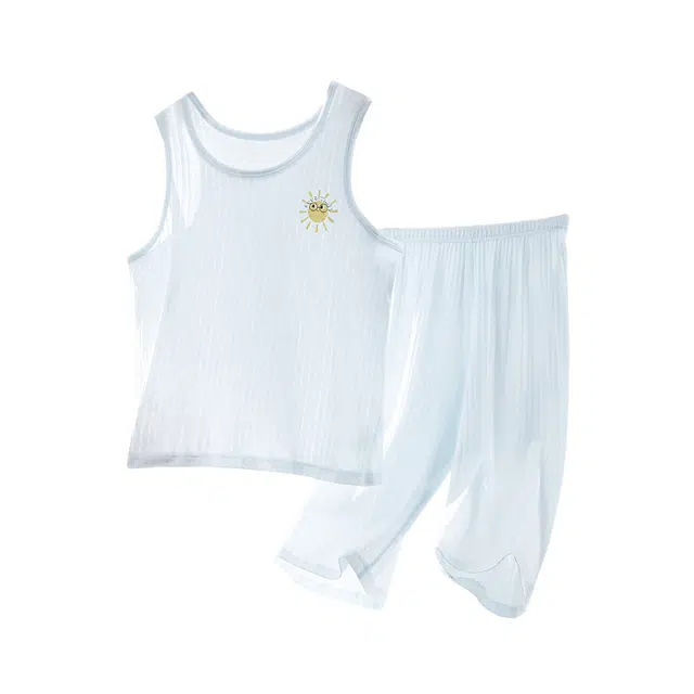 大童 顶瓜瓜 圆领纯色无袖松紧腰七分裤睡衣套装 浅蓝