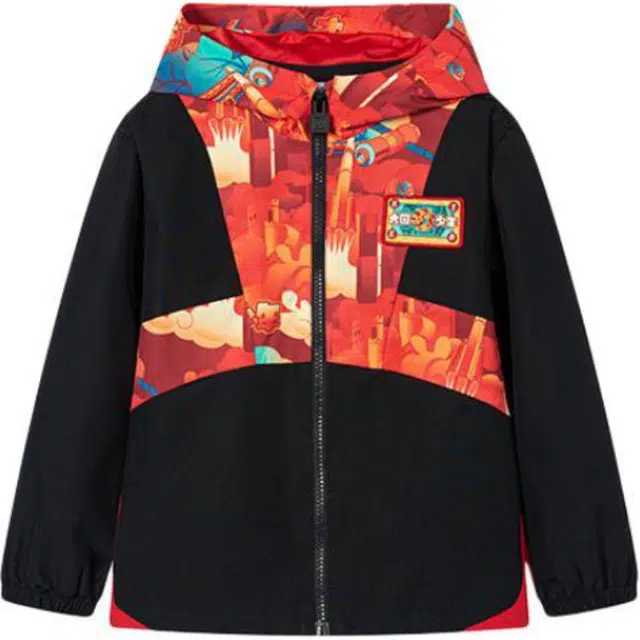 儿童款 特步 拼接连帽拉链休闲运动长袖风衣 纯正黑