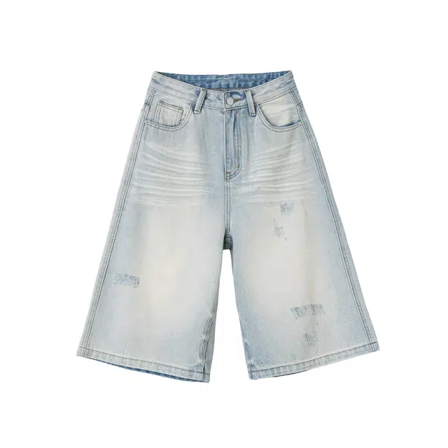 拾籍 美式复古水洗做旧阔腿春夏高腰宽松直筒休闲七分裤牛仔短裤 女款