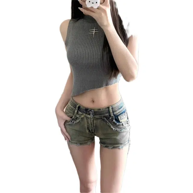 怪力萝莉 美式复古夏季紧身弹力辣妹性感包臀低腰裤子牛仔短裤 女款 复古蓝