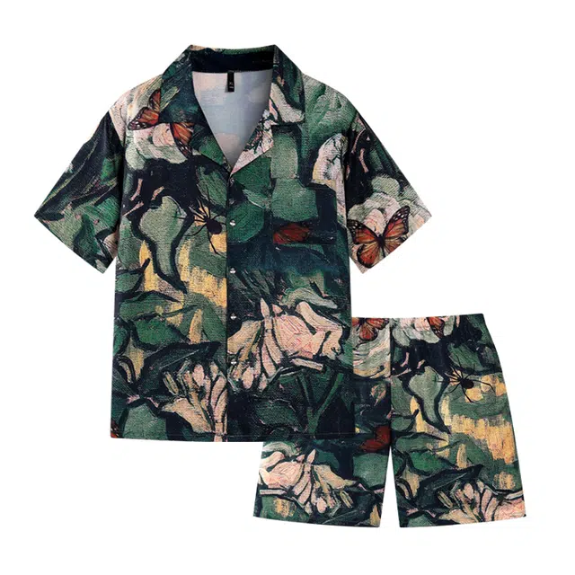 俏韵 翻领度假风大码薄款凉感舒适家居服可外穿睡衣套装 男款