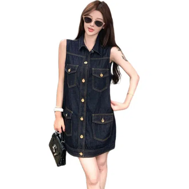 水中花 法式复古牛仔小香风高端气质短裙潮无袖连衣裙 女款