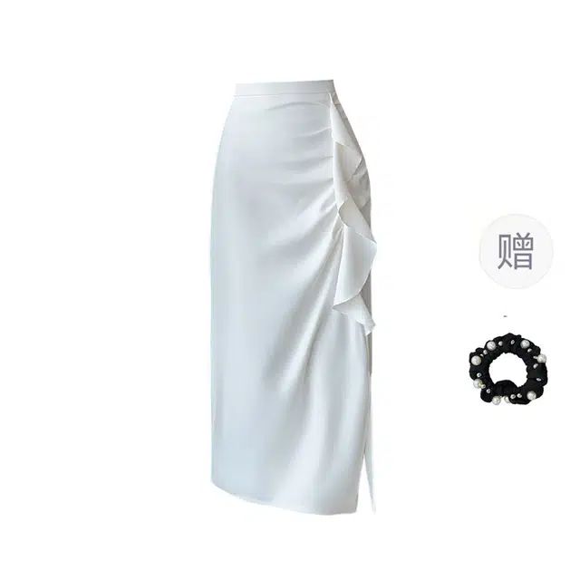 雾闪闪 时尚简约设计感不规则荷叶边褶皱遮胯显瘦开叉休闲长裙 女款