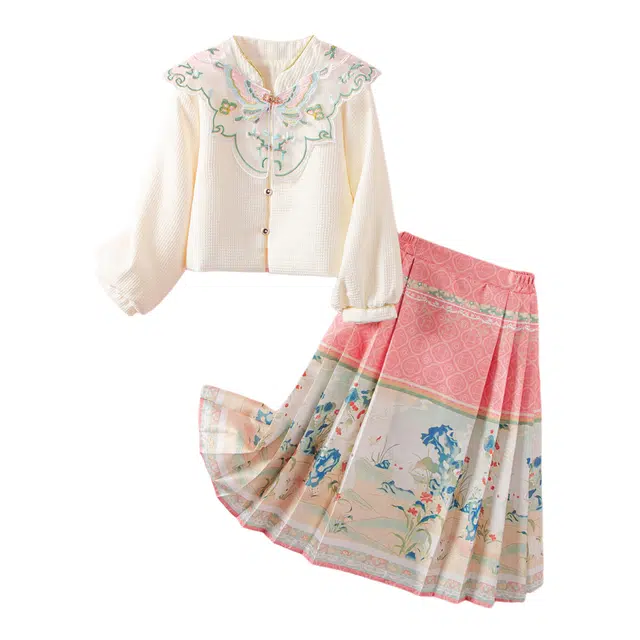 十月妈咪 马面裙女童国风套装旗袍连衣裙古装汉服 儿童款 粉果巧兔