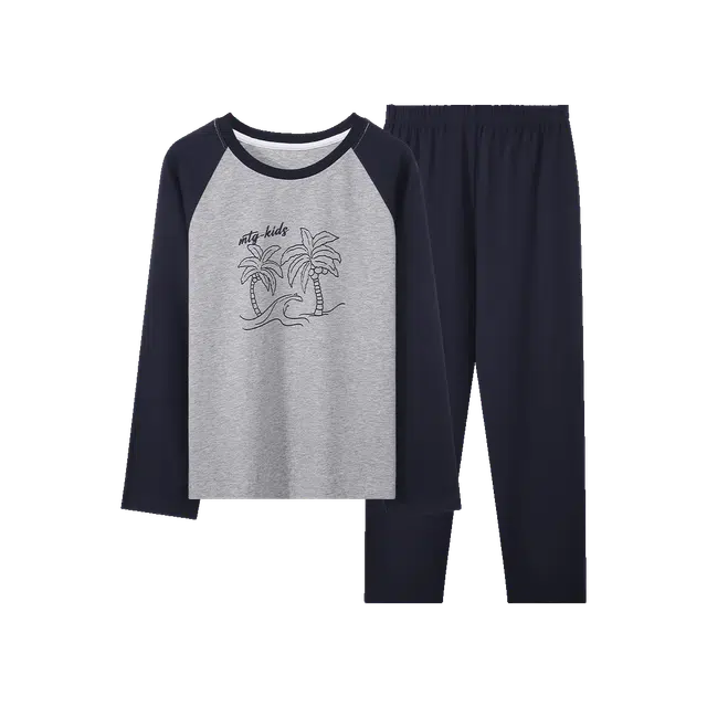 梦特娇 时尚洋气圆领插肩拼色长袖家居服 中灰拼藏青青少年