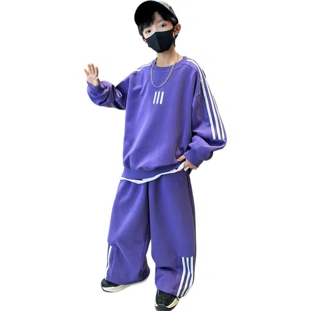 木木屋 舒适圆领条纹上衣透气裤子休闲运动套装青少年