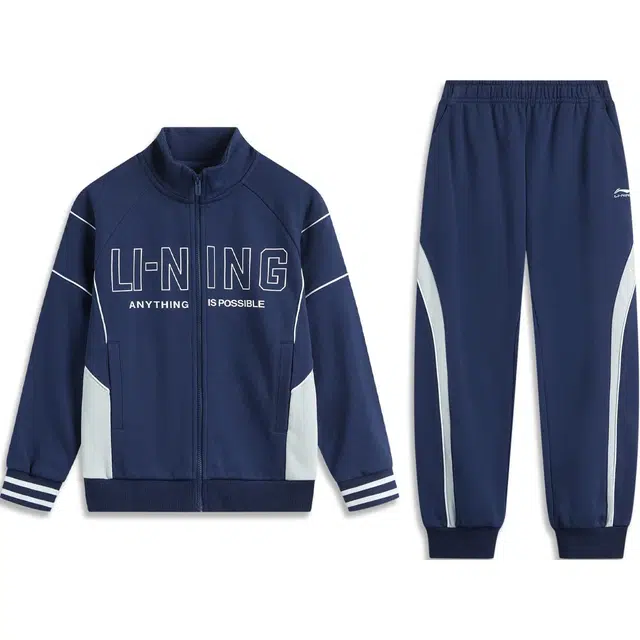 李宁儿童 运动生活系列 字母拼接拉链立领开衫卫衣束脚长裤休闲运动套装 深航舰蓝青少年