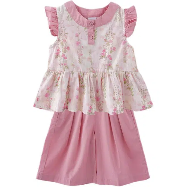 中童 玛米玛卡 碎花舒适时尚短袖洋气短裤休闲运动套装 粉色