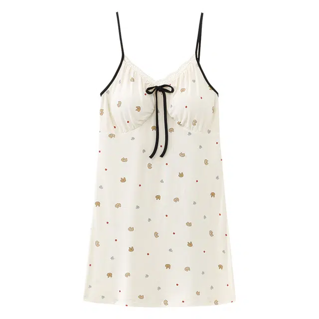 顶瓜瓜 带胸垫一体性感无袖吊带短裙可爱卡通爱心小熊花边家居服睡裙 女款