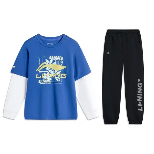 李宁儿童 运动生活系列 时尚柔软亲肤洋气百搭透气极简休闲运动套装 矿蓝色/黑色 青少年