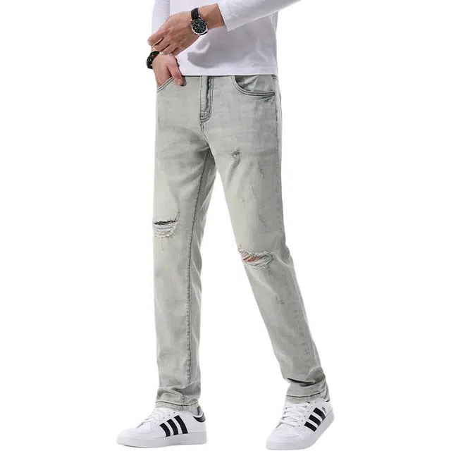 吉肯蒂 高端破洞裤修身小脚新浅蓝色休闲弹力韩版裤子牛仔裤 男款