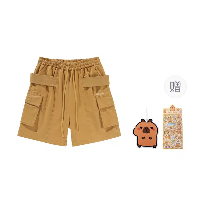 卡皮巴拉小黄豚 美式高街复古宽松机能户外简约纯色嘻哈街头阔腿纯棉休闲抽绳松紧五分中腰工装短裤 男女同款