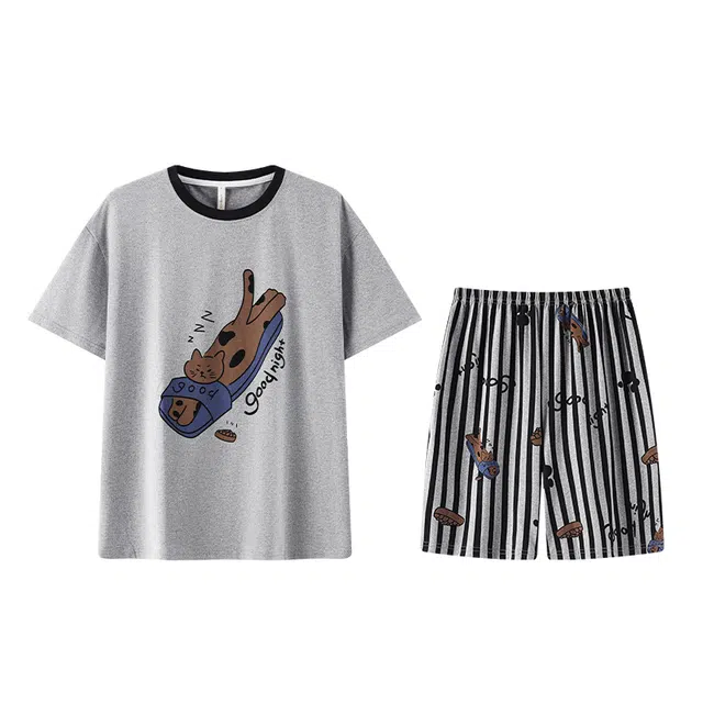 俏霓桐 时尚可爱卡通小猫简约休闲透气舒适家居服可外穿睡衣套装 男款