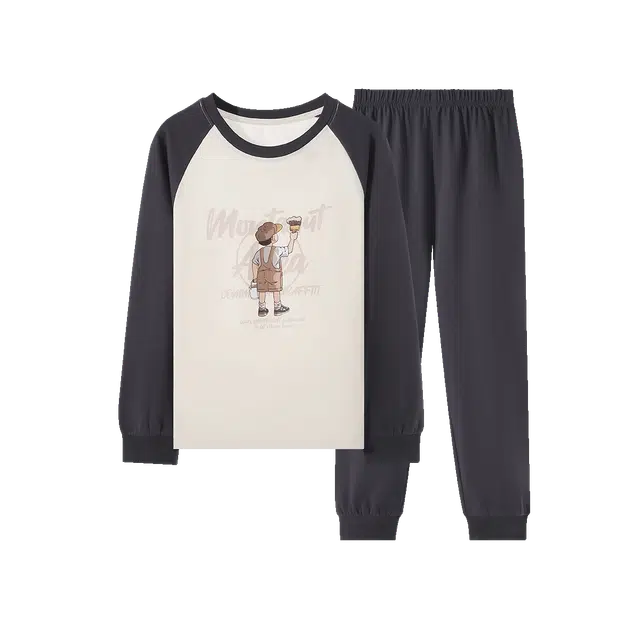 梦特娇 舒适圆领洋气长袖松紧腰长裤家居服 米杏拼灰蓝青少年