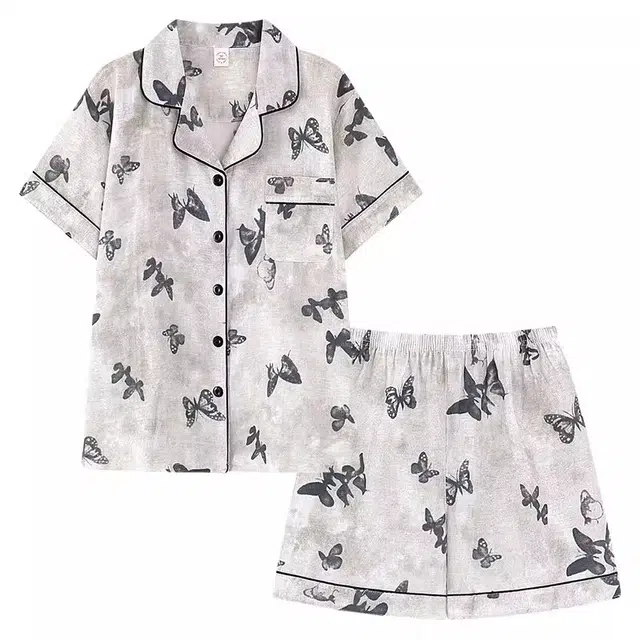 俏韵 翻领甜美高级感短袖上衣薄款家居服可外穿三分裤夏季睡衣套装 女款