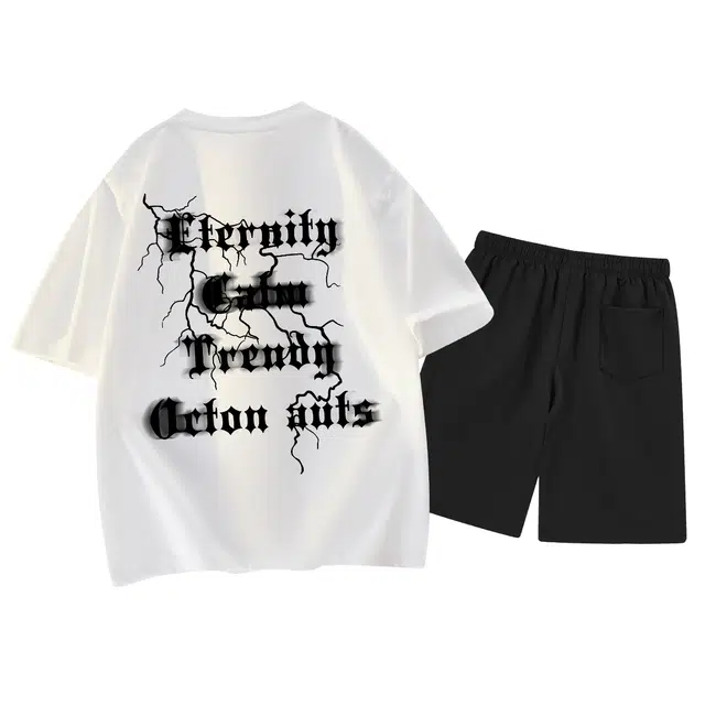 海底小纵队 美式高街旋涡涂鸦闪电哥特风穿搭排版短袖宽松潮流无性别主义垂感系带短裤休闲运动套装 男女同款