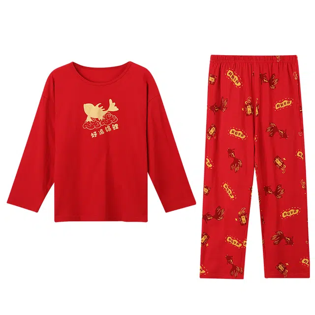 红豆家居服 动物图案圆领长袖上衣舒适长裤 中国红青少年