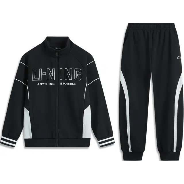 李宁儿童 运动生活系列 字母拼接拉链立领开衫卫衣束脚长裤休闲运动套装 黑色青少年