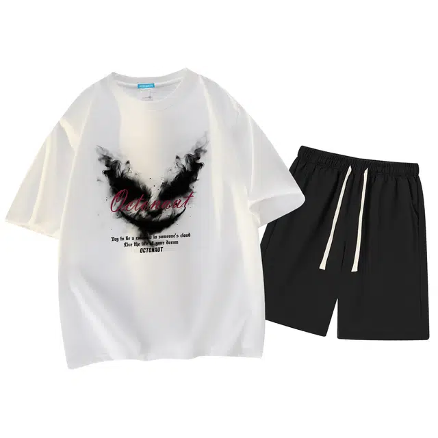 海底小纵队 美式高街笑脸手绘艺术字母学院风宽松透气百搭短袖垂感直筒篮球健身五分裤休闲运动套装 男女同款