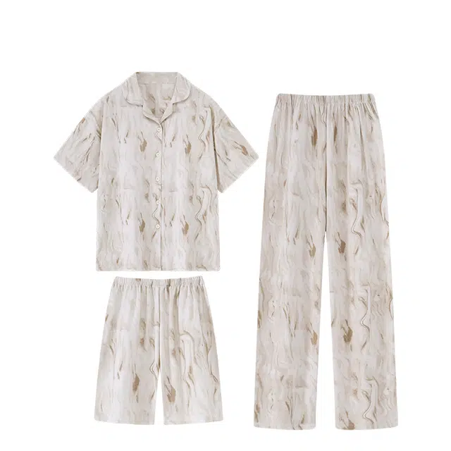 俏韵 翻领短袖上衣三件套简约休闲高级感薄款家居服可外穿长裤夏季睡衣套装 女款