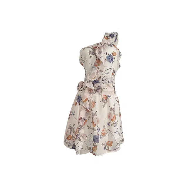 敲模女孩 纯欲辣妹风设计感斜肩挂脖性感露背收腰不规则荷叶边度假风无袖连衣裙 女款