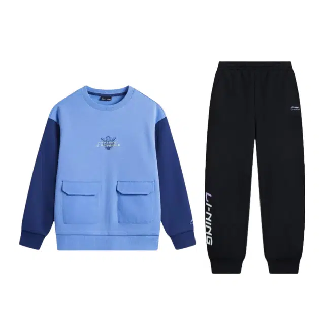 李宁儿童 运动生活系列 舒适百搭圆领长袖卫衣亲肤裤子休闲运动套装 和谐蓝 青少年