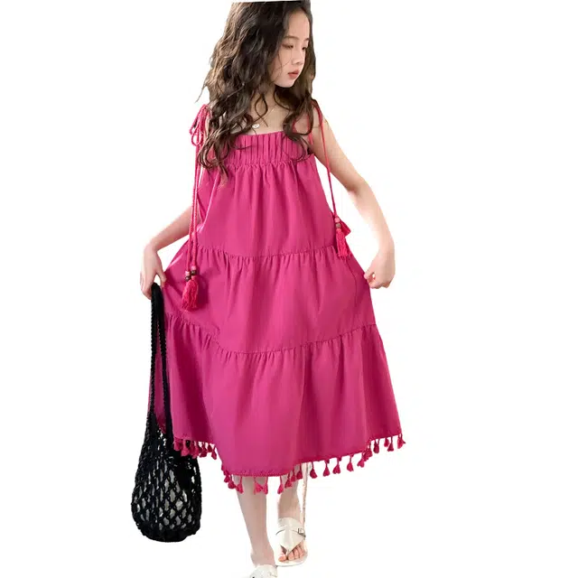 泰迪珍藏连衣裙 洋气时髦新潮吊带 玫红色 儿童款