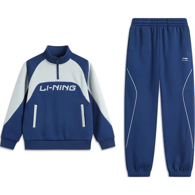 李宁儿童 运动生活系列 字母拼色立领透气加绒保暖卫衣中腰长裤休闲运动套装 藏青蓝青少年