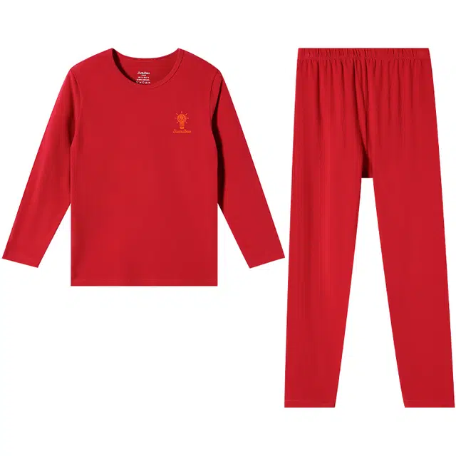 久岁伴 居家系列 简约圆领长袖松紧腰长裤内衣套装 红色青少年