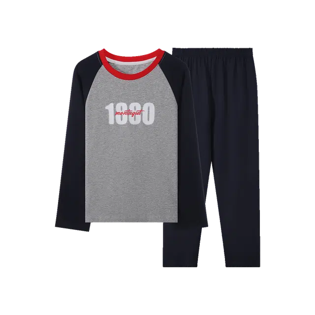 梦特娇家居服 数字图案套头长袖上衣纯色长裤 中灰拼宝蓝青少年