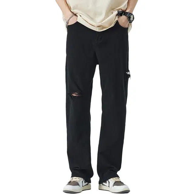 隐狼世家 破洞薄款潮牌直筒宽松休闲牛仔裤 男款