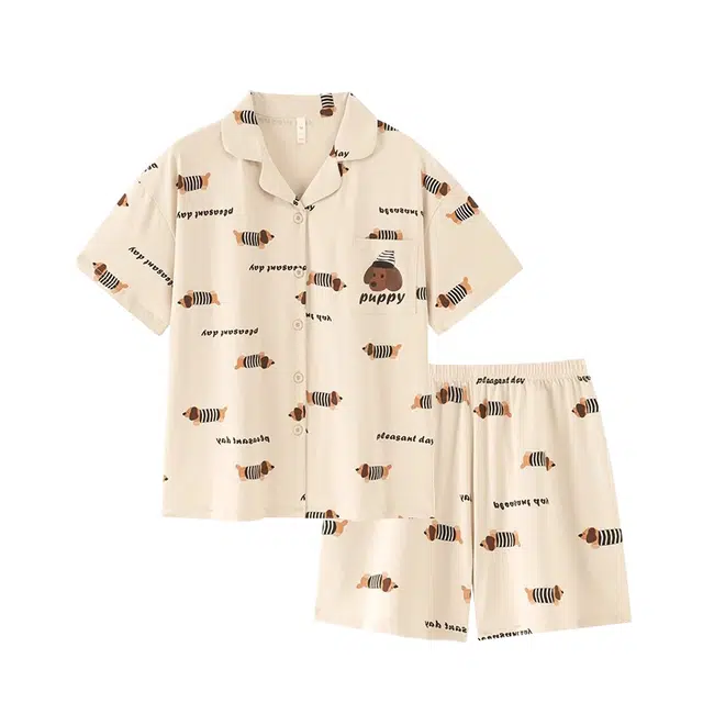 俏韵 卡通腊肠狗短袖可爱翻领可外穿睡衣套装 女款