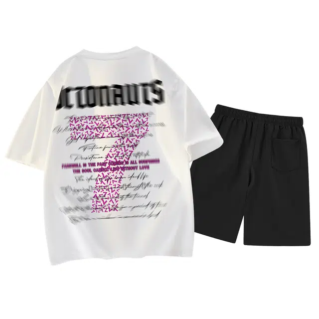 海底小纵队 美式高街模糊幸运数字手绘信件字母百搭圆领上衣宽松纯色松紧腰短裤休闲运动套装 男女同款