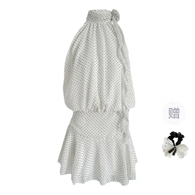 涂诗菲 法式辣妹设计感立体花朵飘带波点挂脖裙收腰显瘦无袖连衣裙 女款