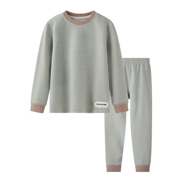 英氏 圆领舒适亲肤上衣透气裤子内衣套装 条纹绿青少年