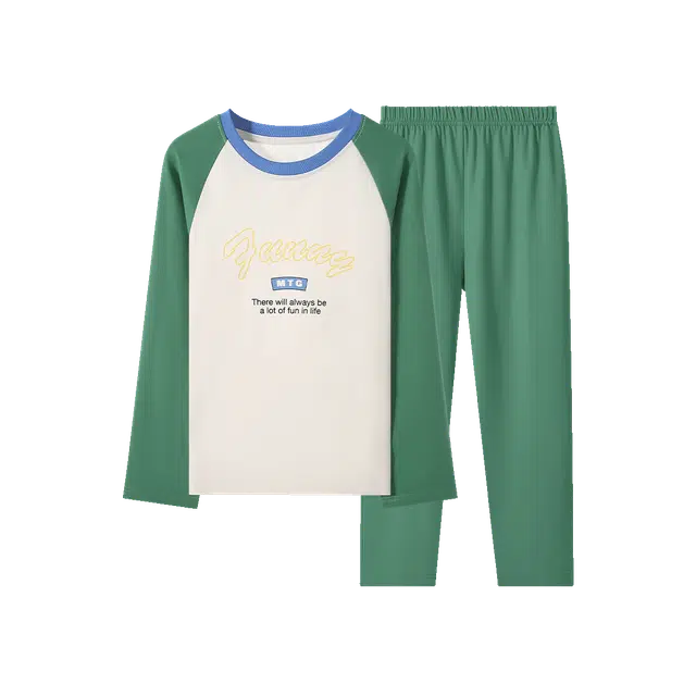 梦特娇 圆领舒适长袖松紧腰长裤家居服 米杏拼草绿青少年