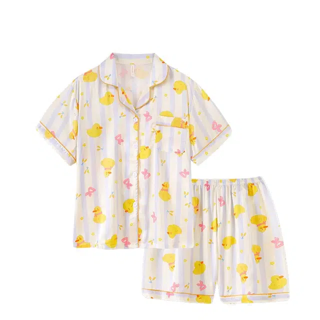 俏韵 翻领薄款条纹短袖上衣可爱家居服可外穿三分裤夏季睡衣套装 女款