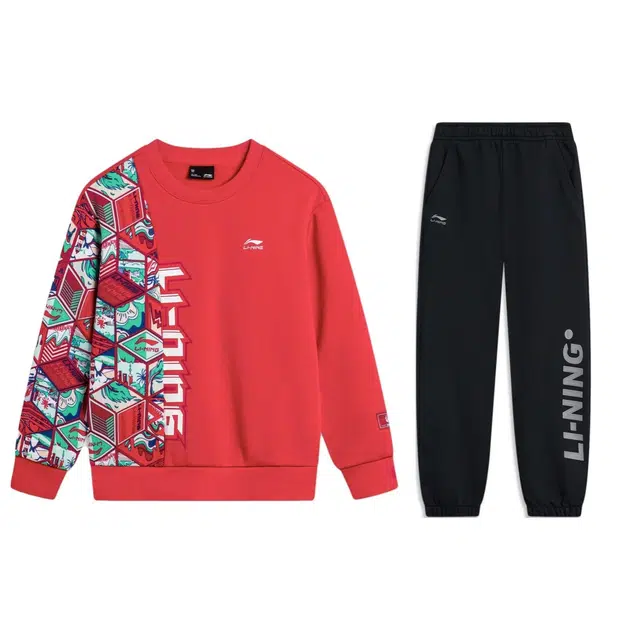 李宁儿童 运动生活系列 时尚柔软亲肤洋气百搭个性休闲运动套装 朱砂红/黑色 青少年
