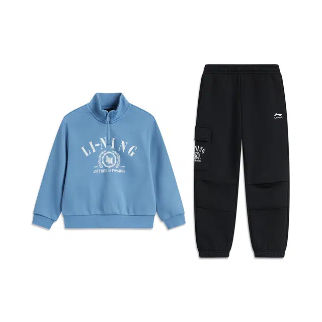 李宁儿童 运动生活系列 字母立领套头长袖上衣舒适百搭长裤休闲运动套装 巴黎蓝/黑色中小童