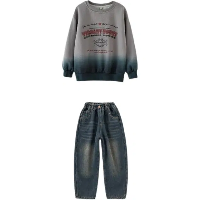 憨憨象 简约字母圆领套头长袖卫衣舒适百搭长裤休闲运动套装 青少年