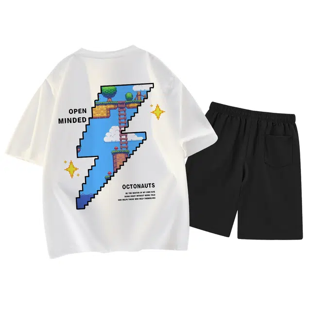 海底小纵队 美式高街复古卡通经典游戏像素风闪电点缀星星字母印花套头圆领纯棉短袖中腰垂感五分裤休闲运动套装 男女同款