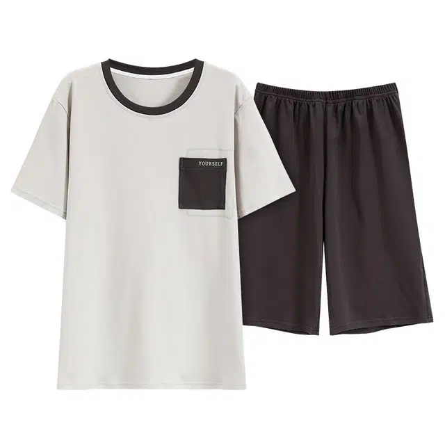 细舍 休闲大码薄款家居服夏天睡衣套装 男款