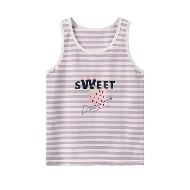儿童款 红豆 卡通圆领条纹凉爽无袖背心 浅紫条