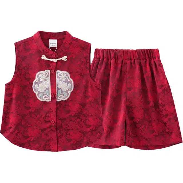 中童 玛米玛卡 百搭时尚舒适柔软无袖休闲运动套装 红色